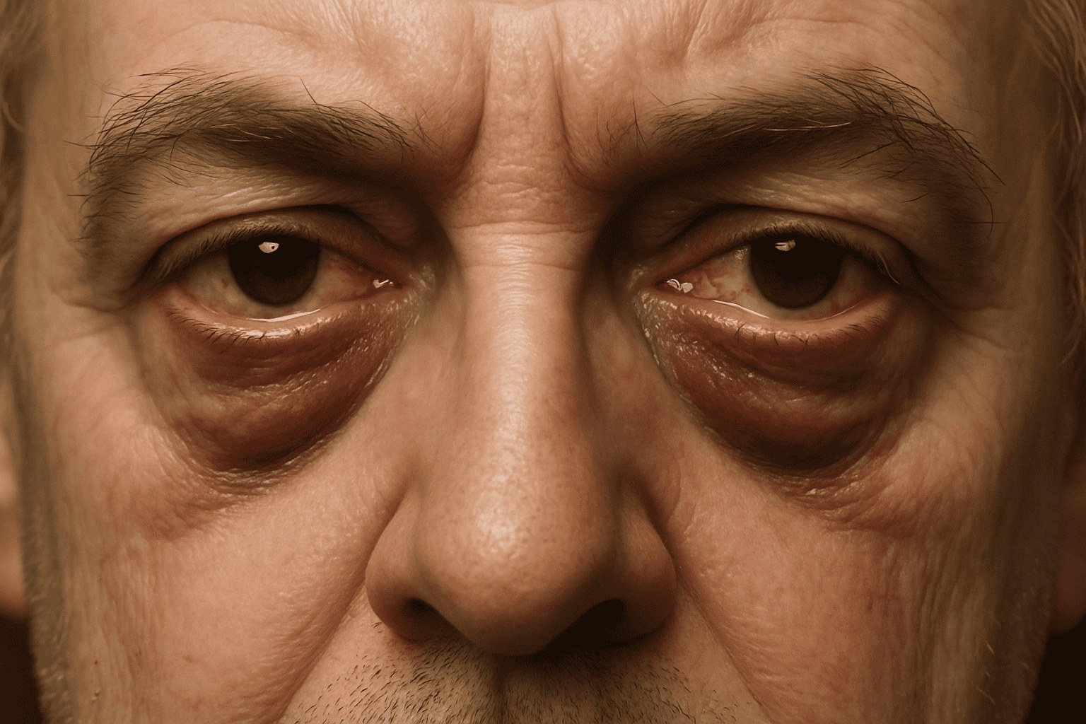 Extreme close-up of an older man's eyes, heavy-lidded and intense, with deep shadows beneath