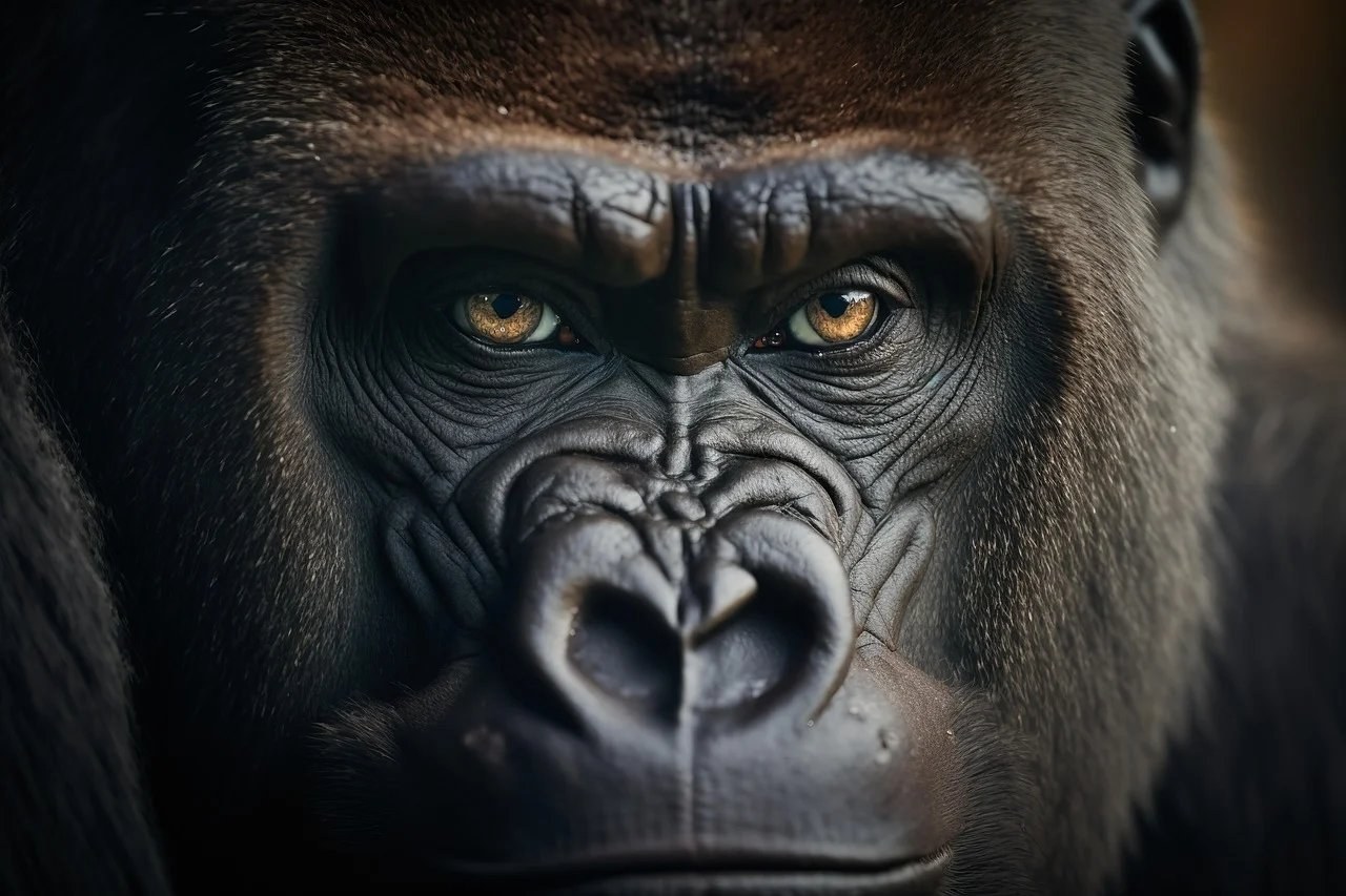 Close-up portrait of a silverback gorilla, its dark eyes gazing with quiet intensity against a shadowed background
