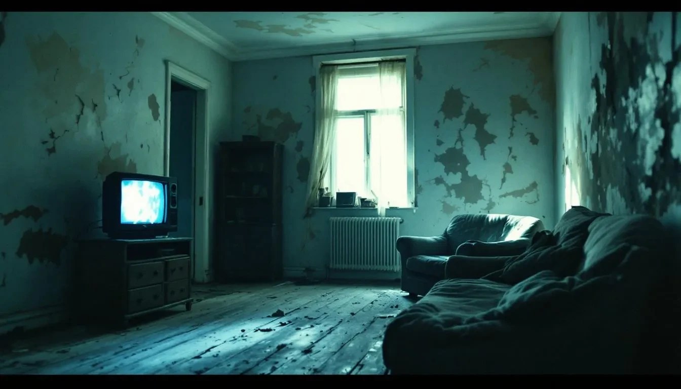 A derelict room with peeling walls, a glowing CRT television, and a sagging sofa in teal-tinted darkness